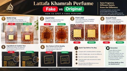 Lattafa Khamrah fake vs original perfume comparison showing bottle, packaging, ingredients, and printing differences