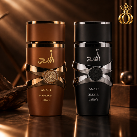 Lattafa Asad Elixir + Asad Bourbon 2-Piece EDP Gift Set for Men – 2 × 100ml / 3.4 oz Eau de Parfum Sprays, Spicy, Woody, Vanilla & Amber Fragrances