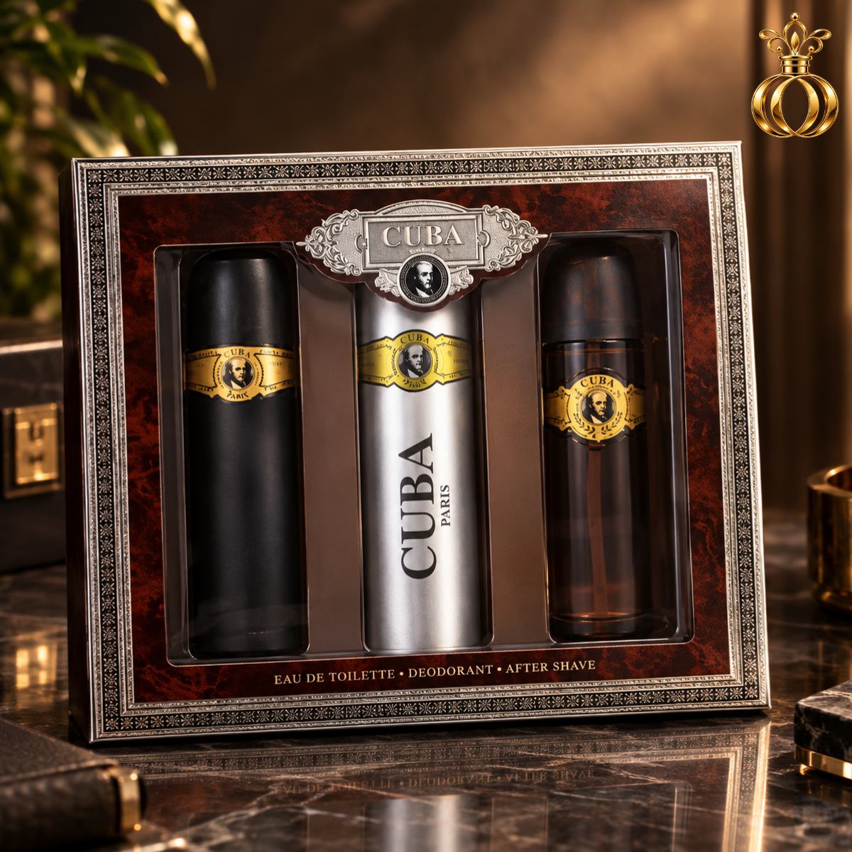 Cuba Gold by Fragluxe Gift Set for Men | 3.3 Oz EDT + 3.3 Oz After Shave + 6.7 Oz Body Deodorant Spray 