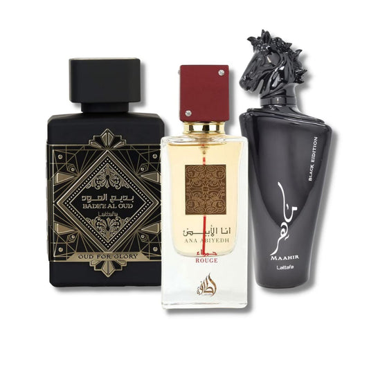 Lattafa Perfumes Trio - Bade’e Al Oud For Glory, Maahir Black